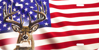 Deer on American Flag Auto Tag